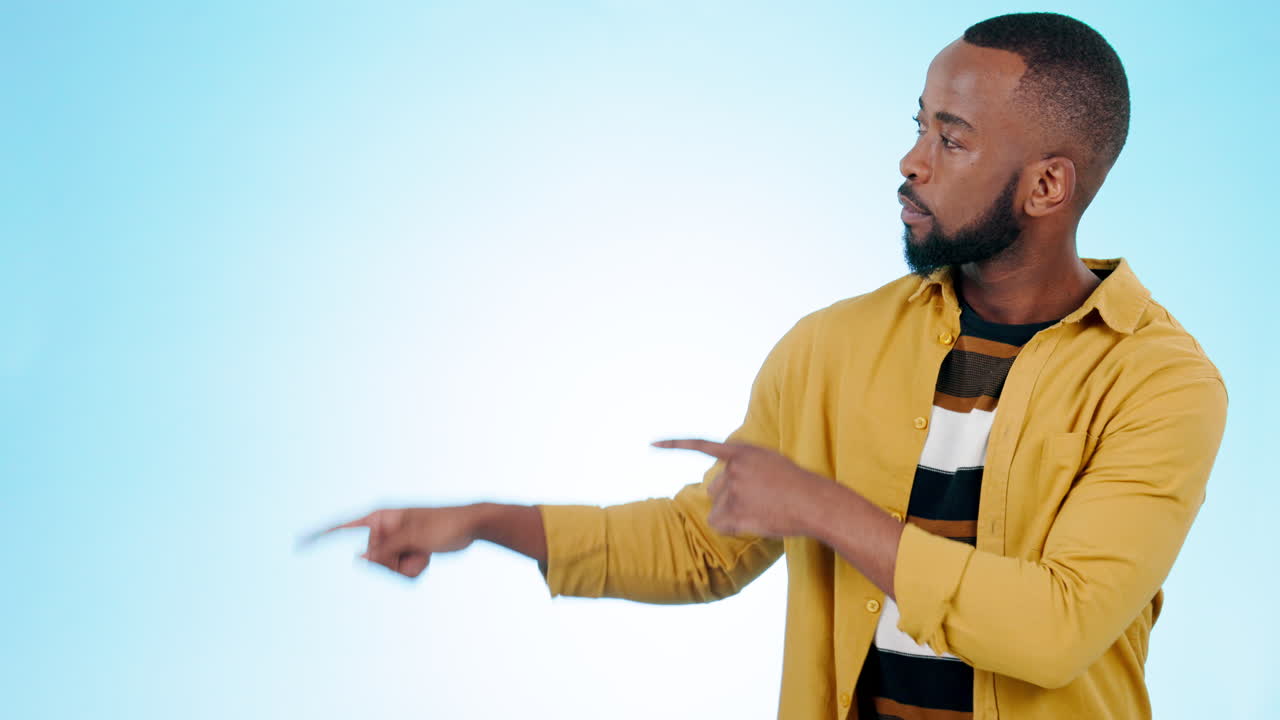 Black man, pointing and happy face with decision