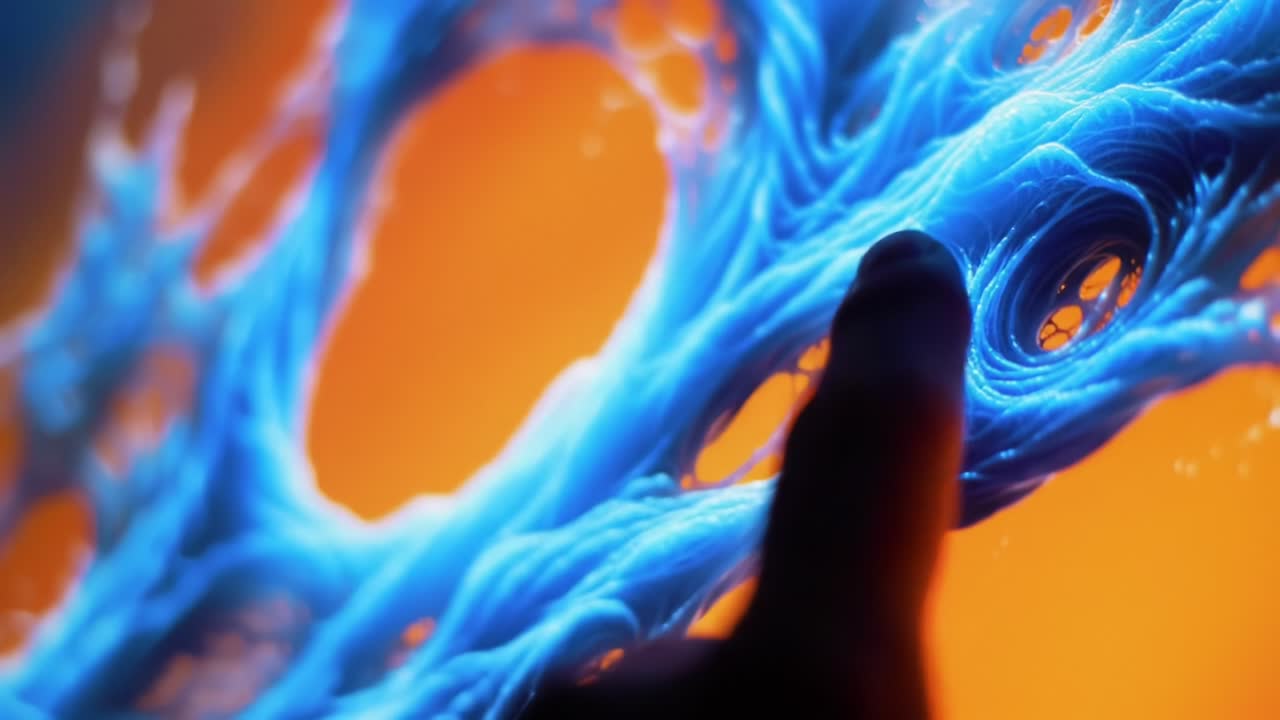 A Close-Up Exploration of Intricate Blue Fluid Patterns Against a Soft Orange Background, Highlighting Texture and Motion in the Design