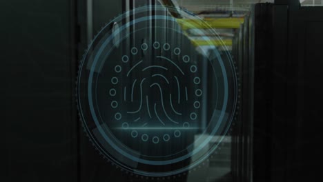 Animation-of-fingerprint-icon-and-cyber-security-over-data-server-rooms