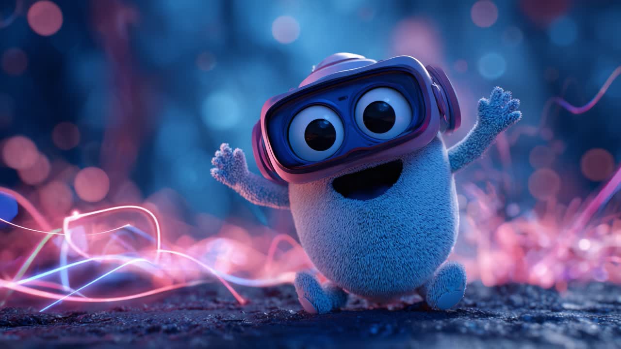 Cheerful animated character with big eyes and vibrant goggles poses joyfully amidst a colorful backdrop of glowing lights, embodying the spirit of happiness and playfulness in a magical wonderland atmosphere