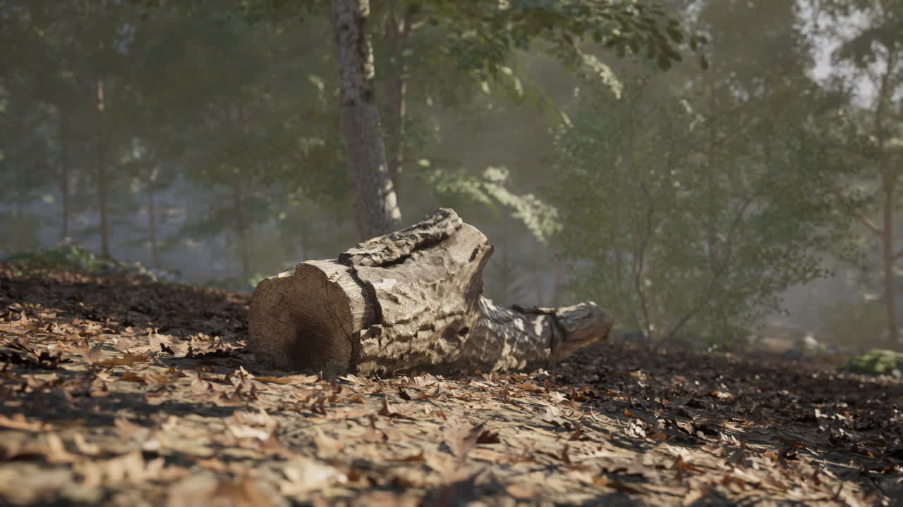 un tronco caído en un piso del bosque rodeado de vegetación en una mañana de niebla
