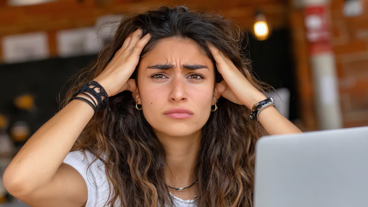 Young Woman Shows Signs of Frustration and Stress While Working on Her Laptop in a Casual Environment, Capturing a Moment of Emotional Overwhelm