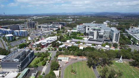 buildings of gold coast university hospital in southport, australia - aerial drone shot