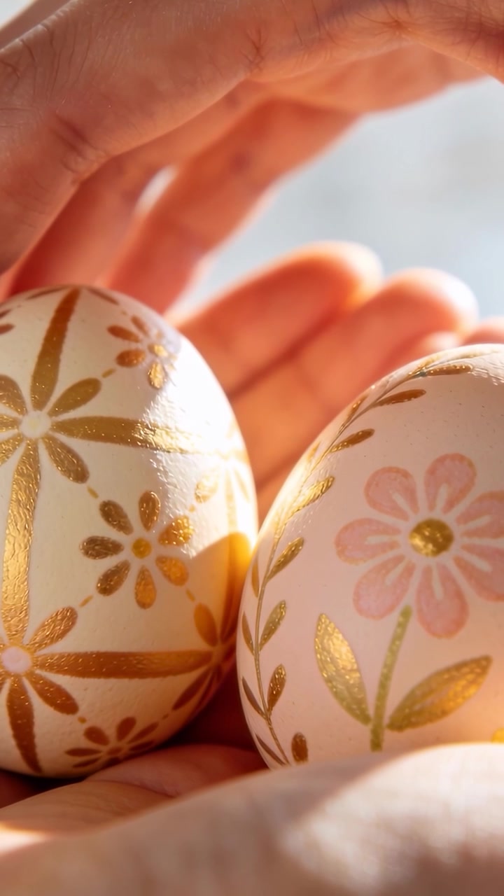 Una mano si avvicina posizionando due uova decorate nel palmo a coppa vicino a una finestra, catturando il bagliore della luce solare.