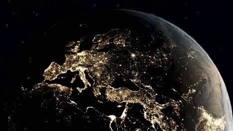 globe view from space at night of illuminated european countries and surrounds