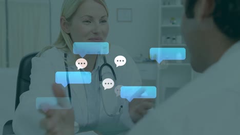 Animation-of-online-speech-bubbles-over-caucasian-female-doctor-talking