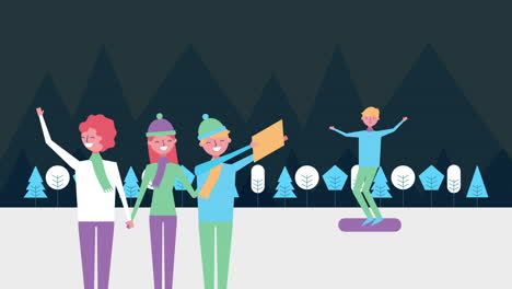 escena de paisaje nevado de invierno con personas y bosque