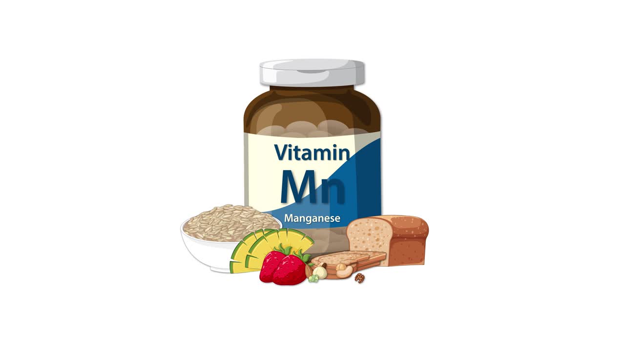 Manganese supplement bottle appears with illustrated whole grains, nuts, fruits, and bread on white background