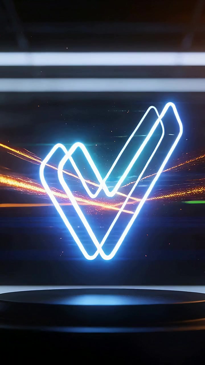 Vertical video: Starting cyan check copying and joining above pedestal at tech stage with streaks