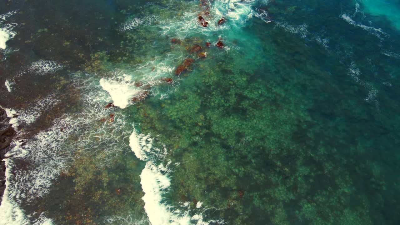 video aéreo tomando altura y viendo las olas en el océano estrellándose contra las rocas de la playa