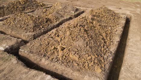 dug out trench for building works of new house concrete foundation on construction site