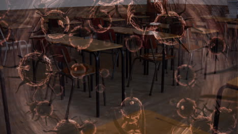 animation of macro coronavirus covid-19 cells spreading over an empty school classroom