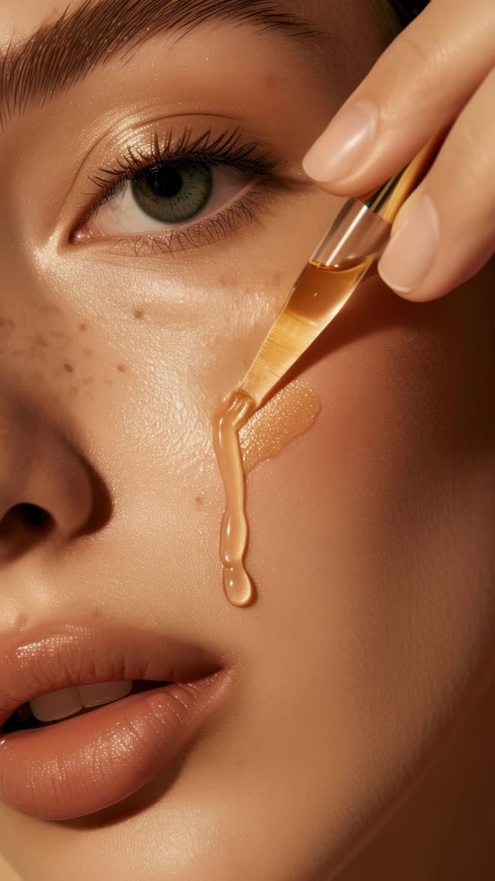 Close-up shot of a woman's face with a dropper applying serum, highlighting skincare