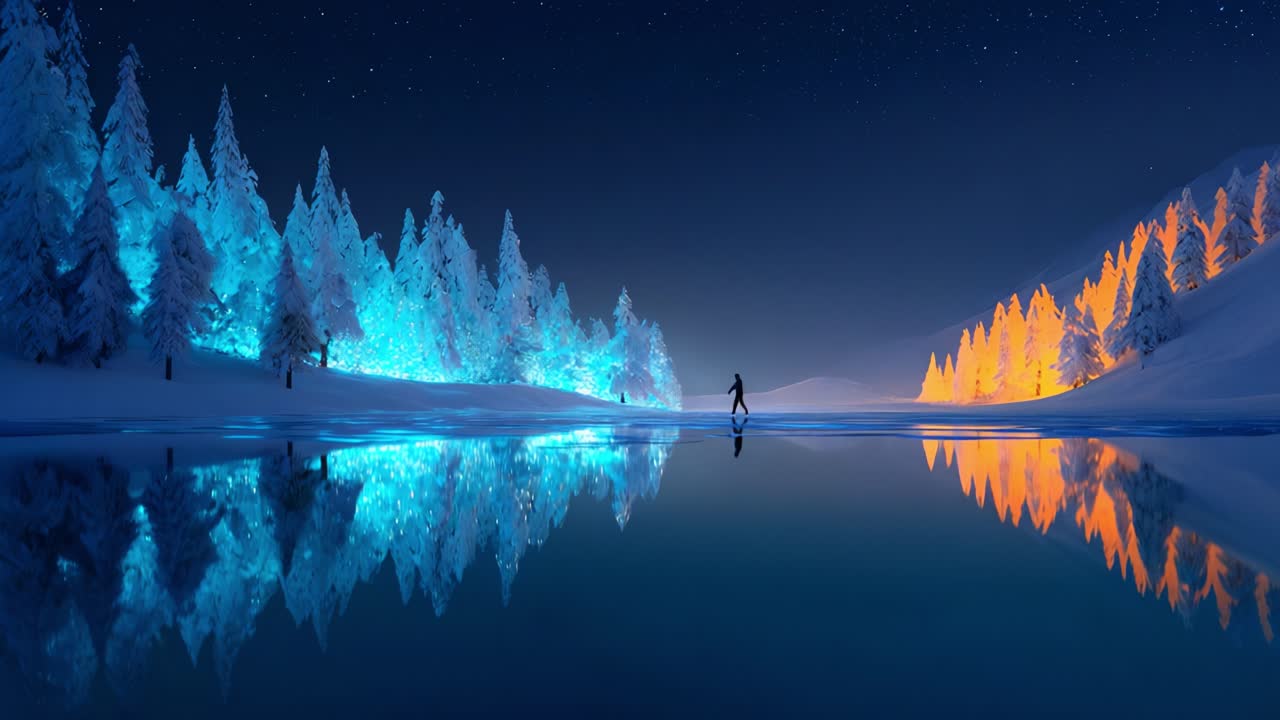 Un incantevole paesaggio invernale notturno, con riflessi di alberi illuminati in un tranquillo lago ghiacciato e una figura solitaria che cattura la serena bellezza del paesaggio innevato.