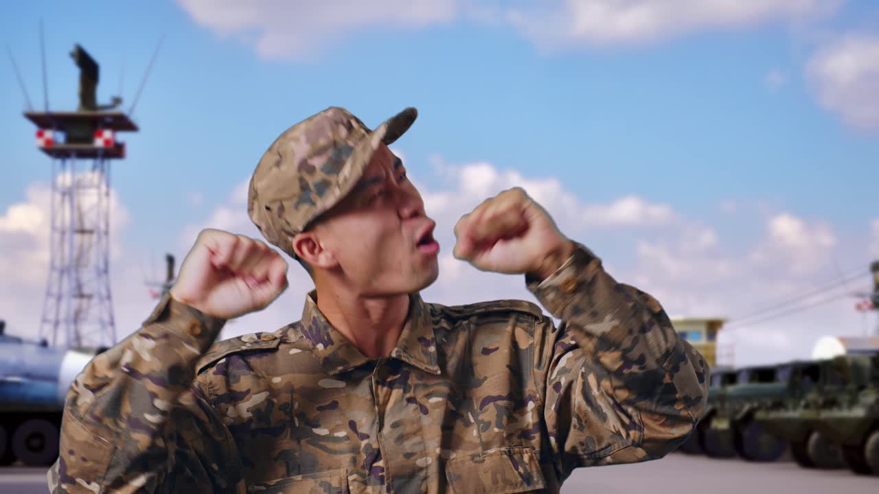 군사 캠프에 서서 춤을 추는 아시아인 군인의 클로즈업