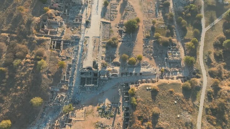 Drone aerial over Ancient city of Ephesus Turkey tourist destination, historical ruins,Top down View of historic ruins