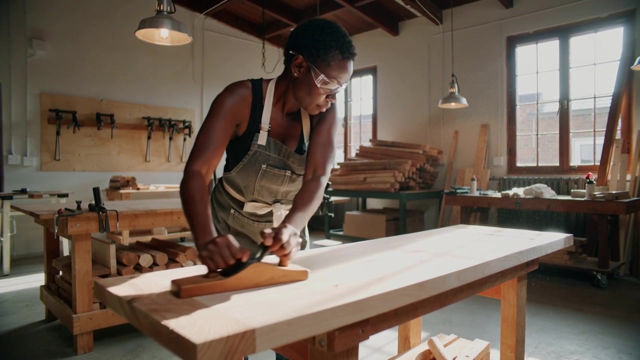 Woodworker placing hands on plane wearing safety glasses apron planing plank in shop