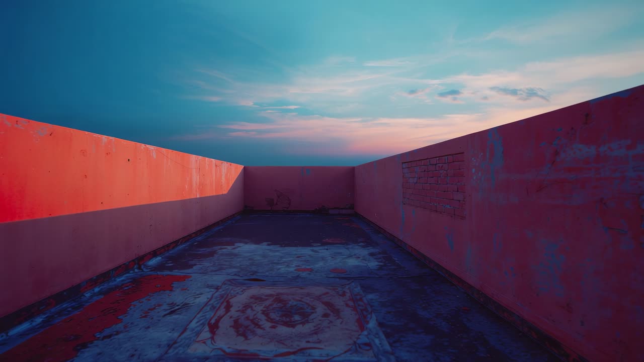Capturing empty rooftop terrace at dusk, with central hatch and red-painted walls on worn floor