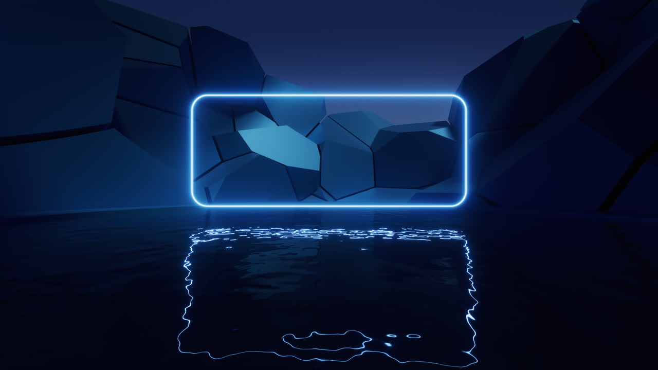 빛나는 네온 선과 물 표면 배경, 3d 렌더링