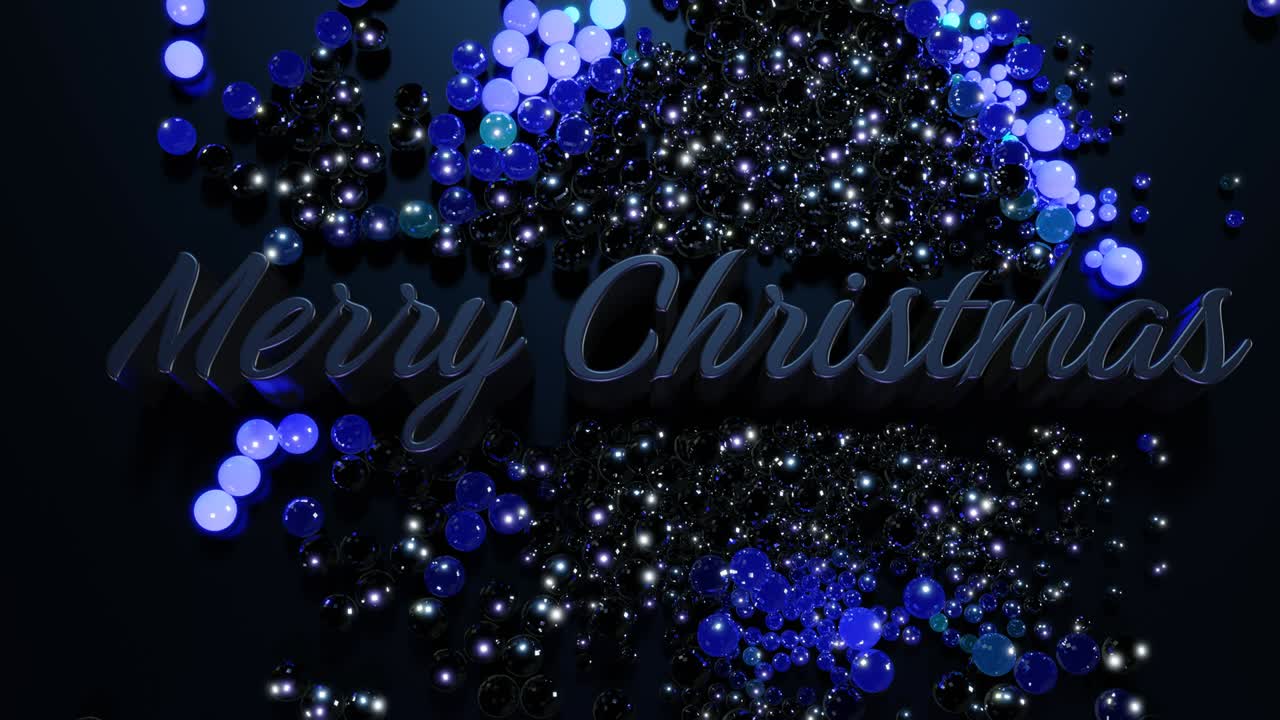 tarjeta de navidad en bucle con letras de feliz navidad y guirnalda, bolas esparcidas en la superficie se iluminan y forman un hermoso patrón. composición de año nuevo con luz de neón. luces de navidad