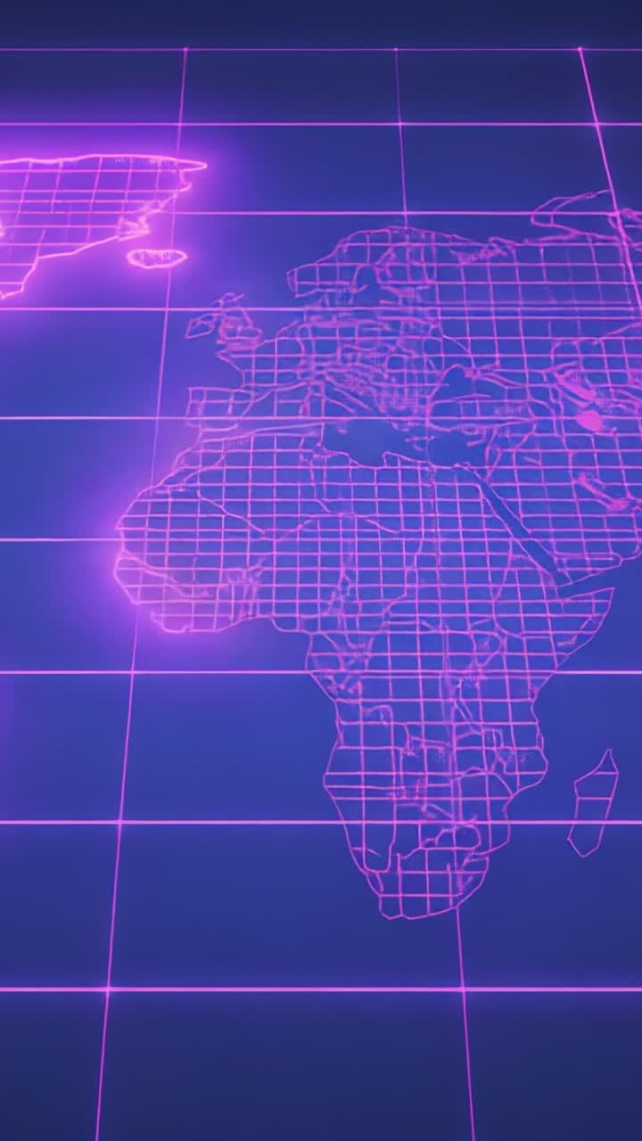 Vertical video: Starting magenta wireframe map on 3D grid plane, pulsing scan tracing Europe