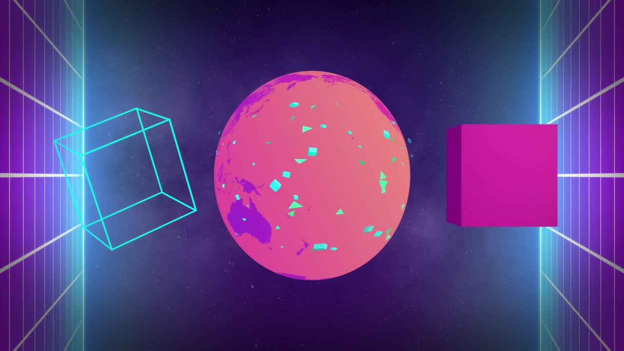 Animation of moving cubes and globe on black background