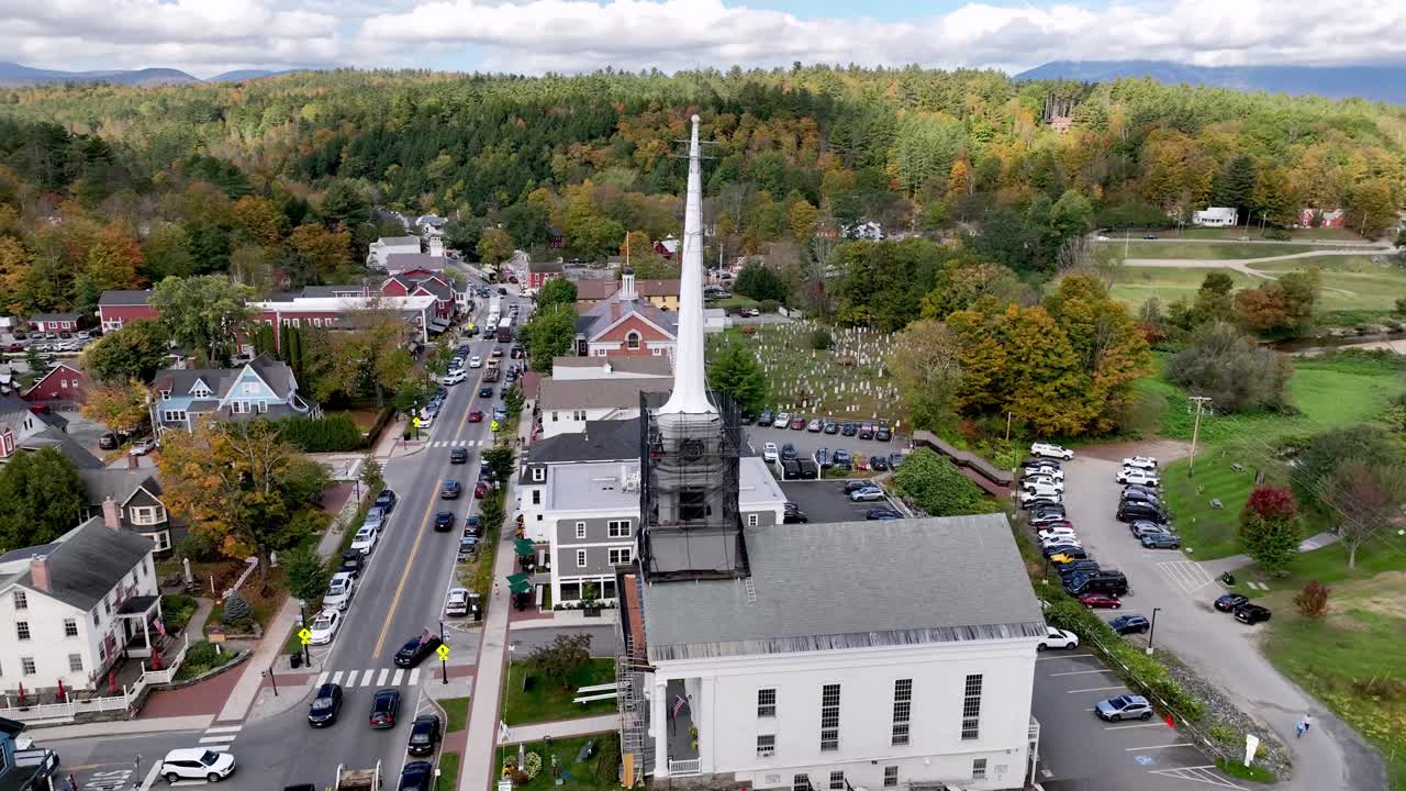 Aerial View of a Charming New England Town in Autumn