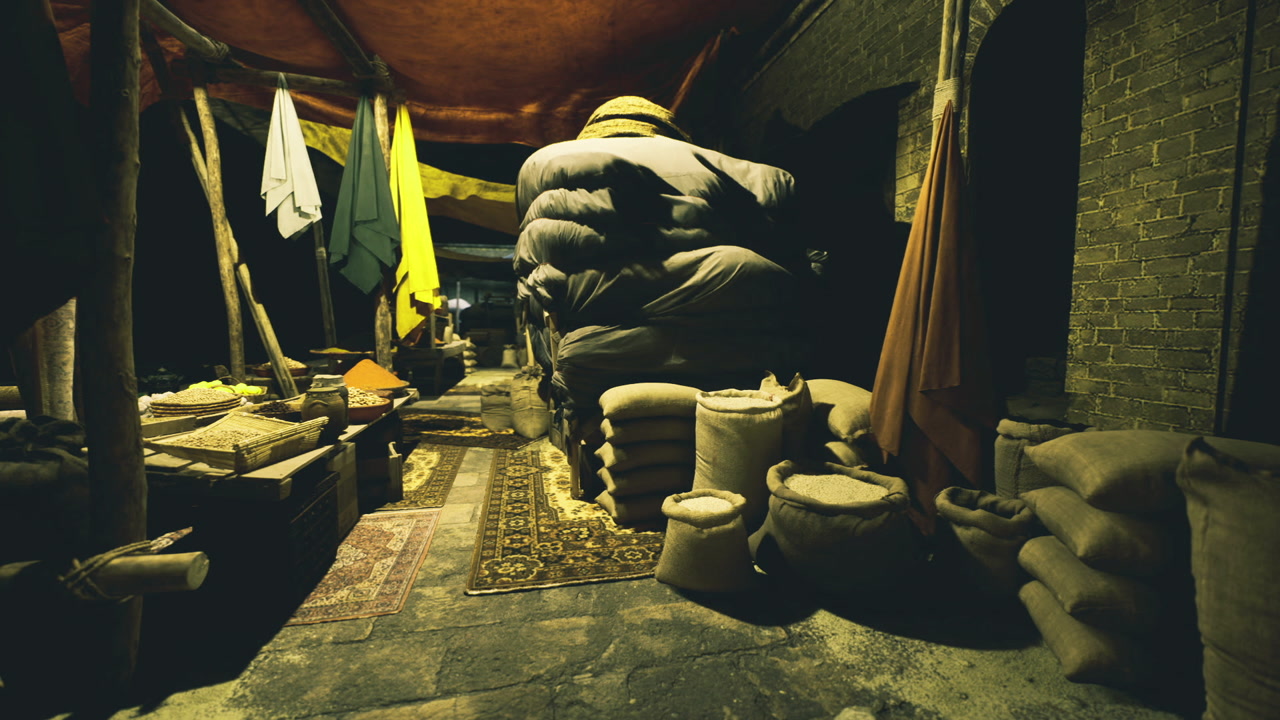 Traditional spice and grain storage with woven textiles and pottery jars