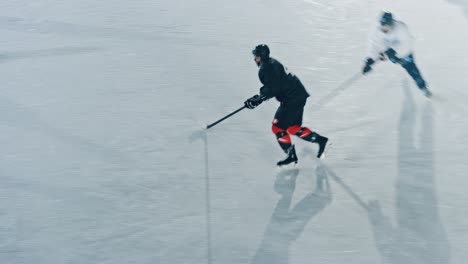 ice hockey rink arena: great team play, perfect passes, masterful dribbles, break defense, result in a scored goal. beautiful energetic game from professional star team. cinematic high angle long hot