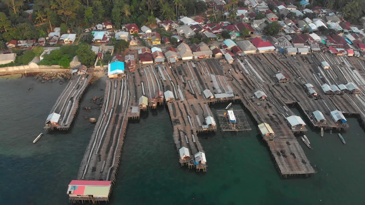 Wide shot of Traditional fishing village at Belitung Indonesia, aerial