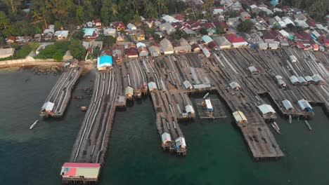 wide shot of traditional fishing village at belitung indonesia, aerial