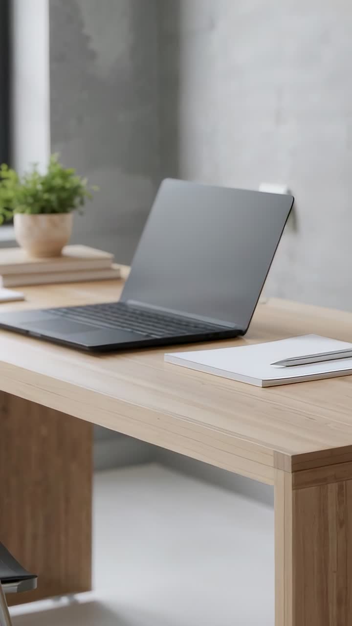 Vertical video: Playback start, camera panning toward dark laptop by window to showcase workspace