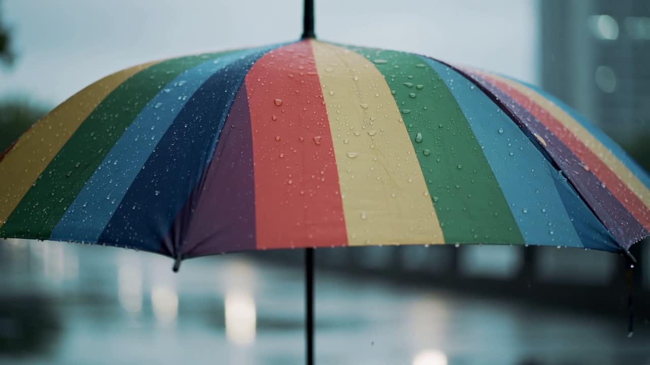 Mostrando una tettoia arcobaleno che raccoglie la pioggia che cade, formando rivoli e gocciolando su un molo con un palo nero.