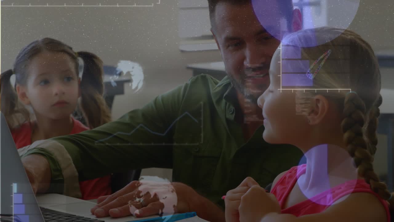 Hand reaching laptop, tutor guiding braided girl, animated charts overlaying laptop teaching lesson