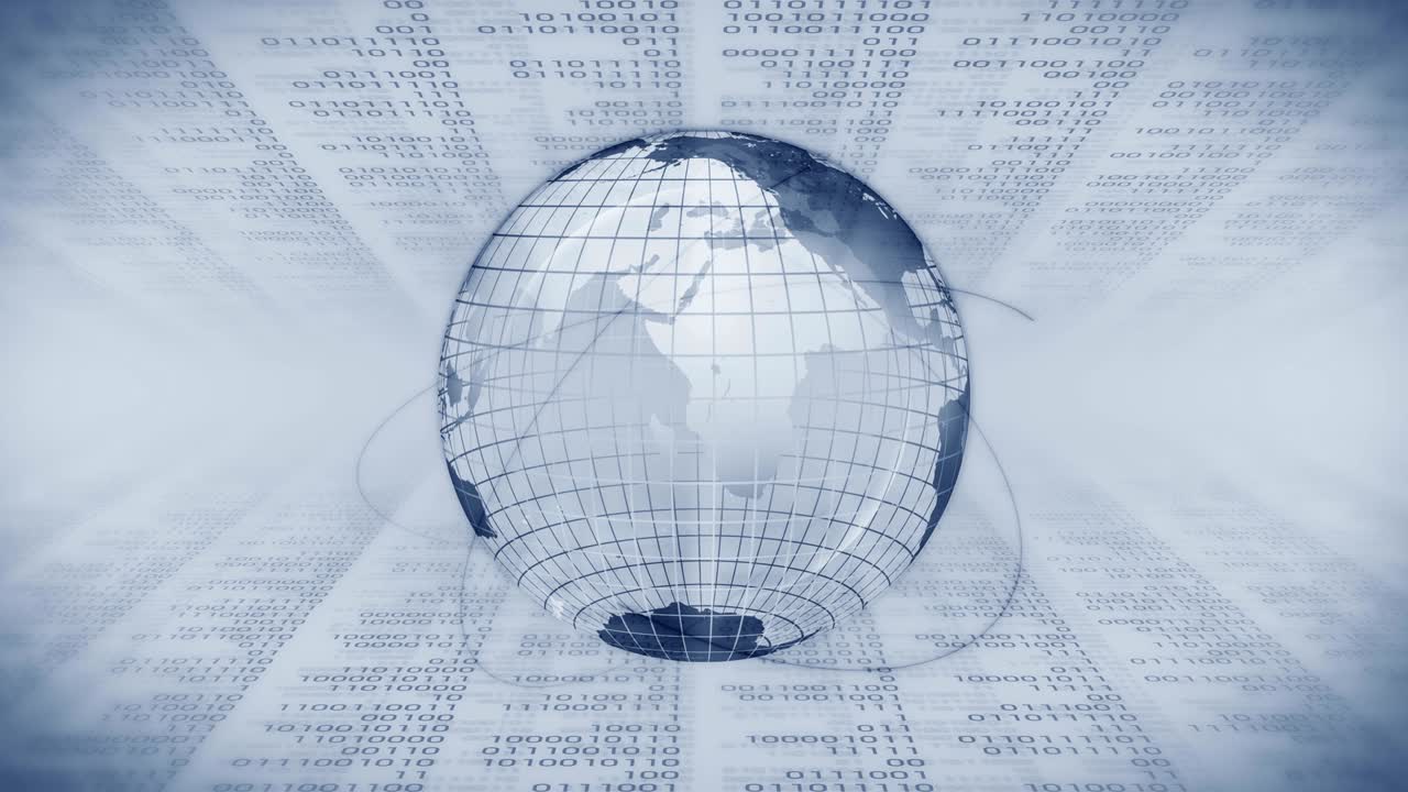 Planet earth with background of binary digits. Binary numbers around global earth. High tech technological loop animation. Number zero and one.