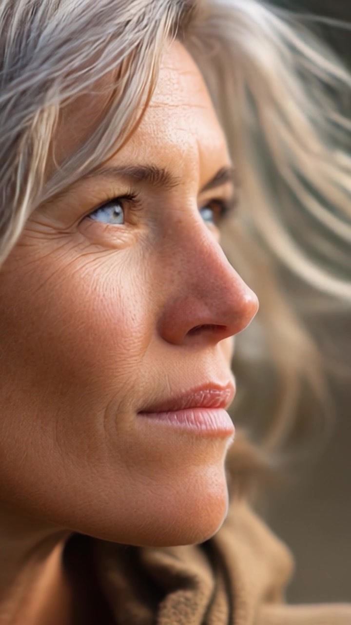 Close-up Profile of a Thoughtful Mature Woman with Grey Hair