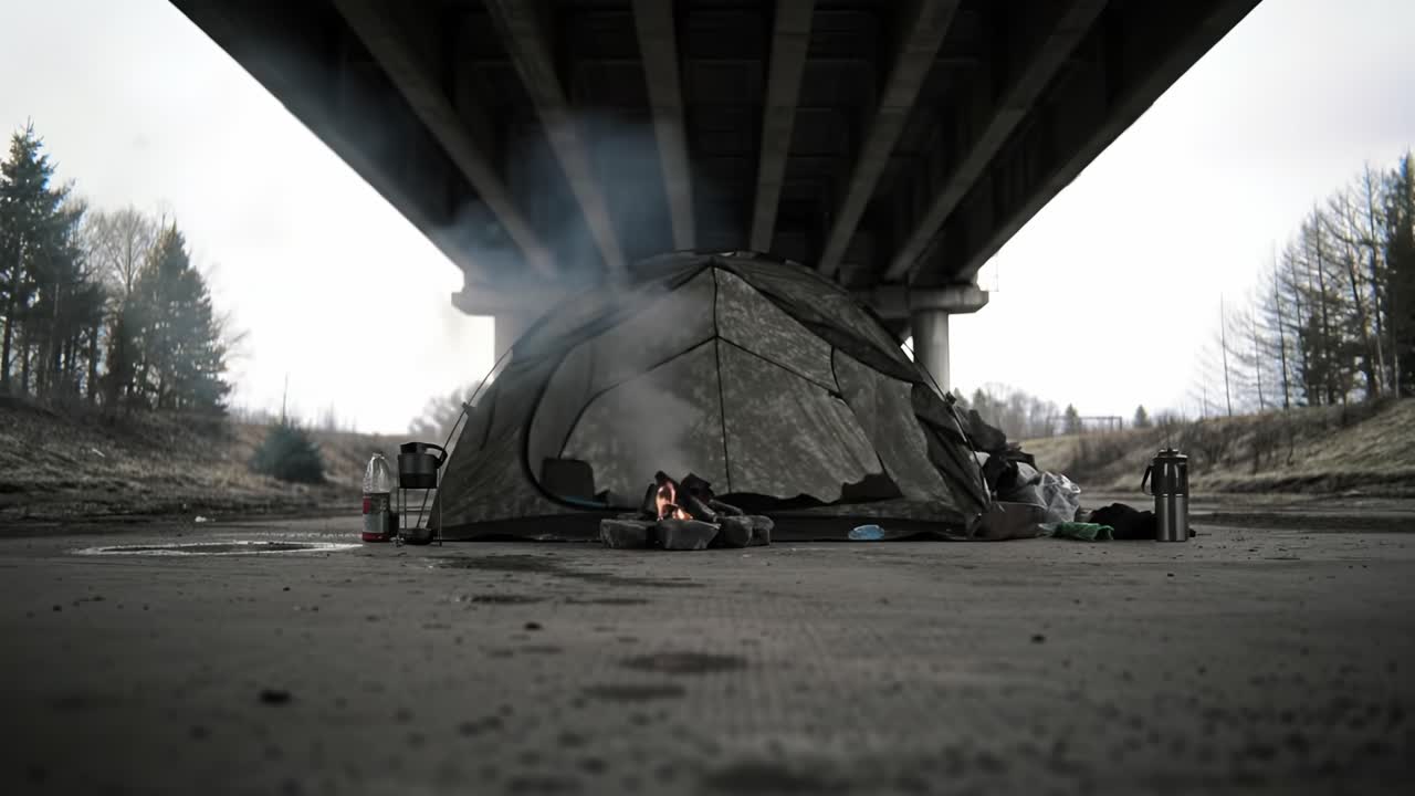A Resilient Shelter Under the Overpass: Captivating Scenes of Survival and Hope Amidst Urban Isolation and Struggles for Shelter