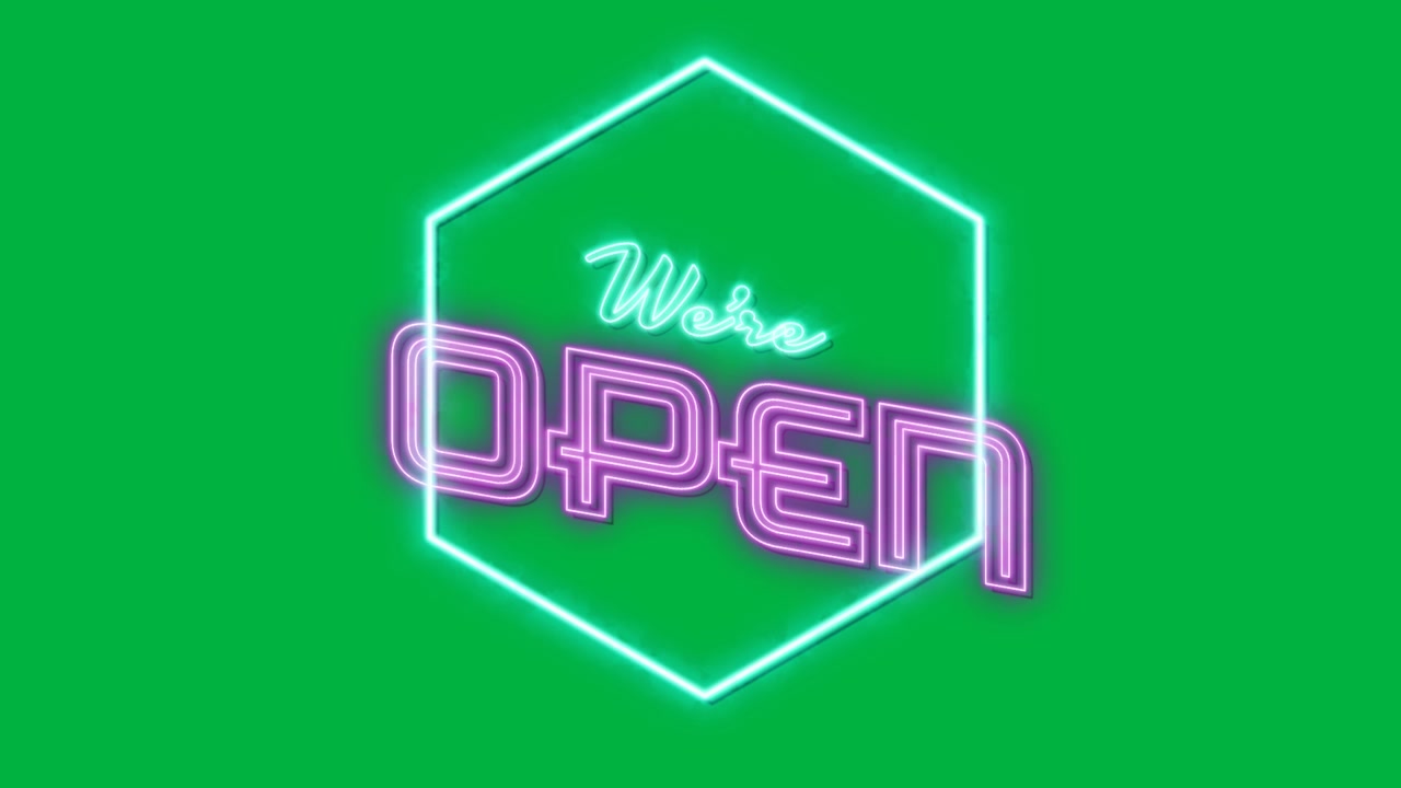 Animation of we're open text in blue and pink neon with hexagon on white background
