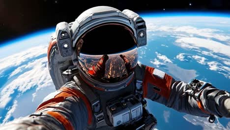 a man in an astronaut suit is taking a selfie in space