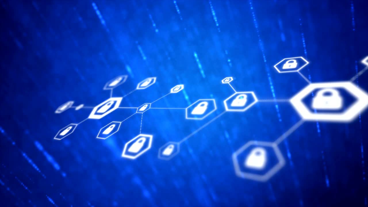 4k 추상적인 배경, 자물 아이콘과 함께 육각형 모양, 연결 은유, 네트워크 보안, 사이버 기술, 곡물 가공과 함께 미래의 개념