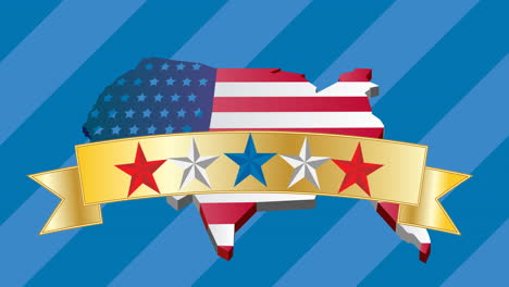 stars on golden ribbon over american flag design over us map against striped blue background