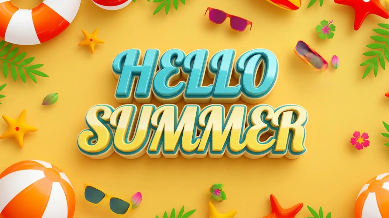 Hello Summer 3D Animated Text with Beach Vacation Elements