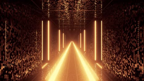 Gliding-along-brightly-lit-golden-path-in-futuristic-hall-way-architecture,-3d-cgi-rendered-graphic-animation