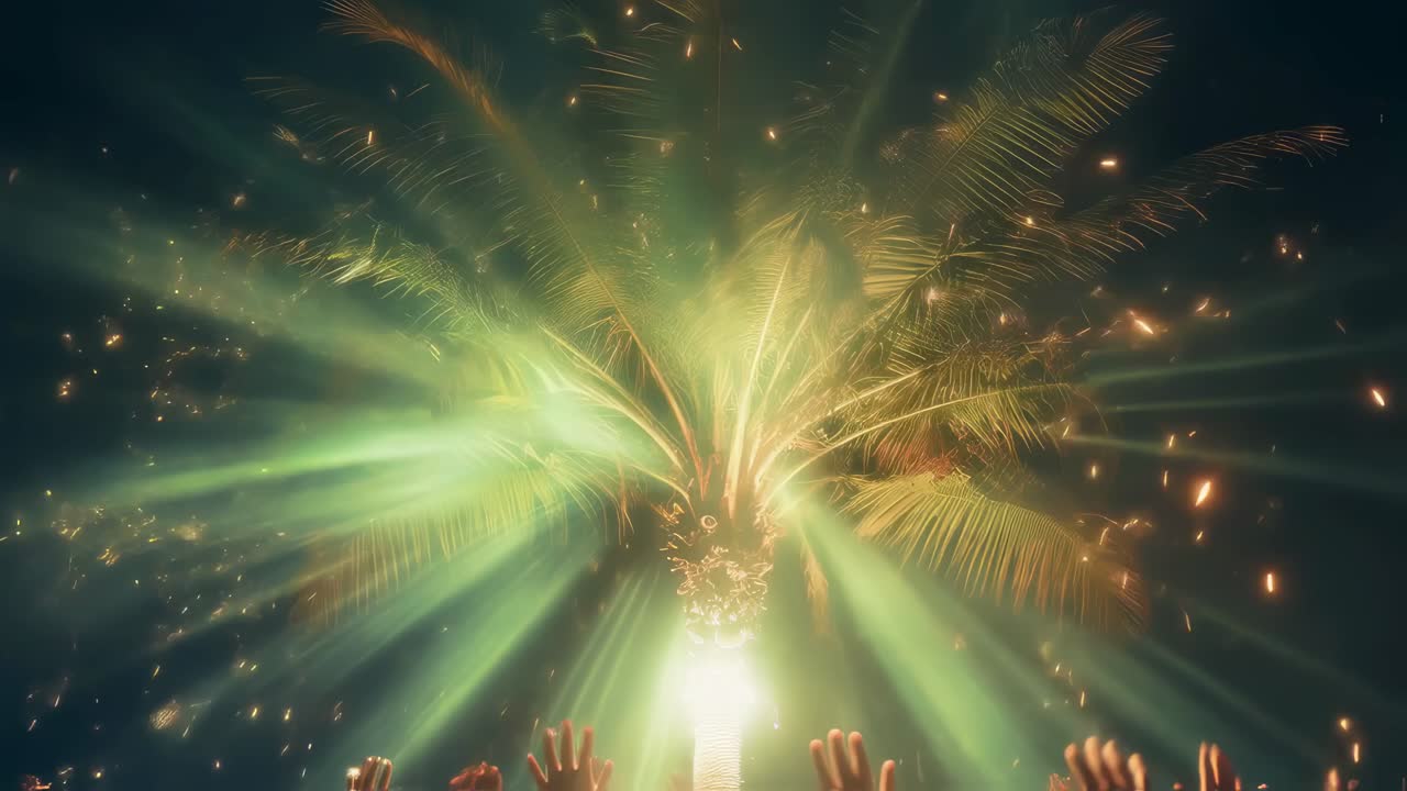 Green and yellow lights illuminate a palm tree during a night party, creating a vibrant and festive atmosphere, with people raising their hands in excitement