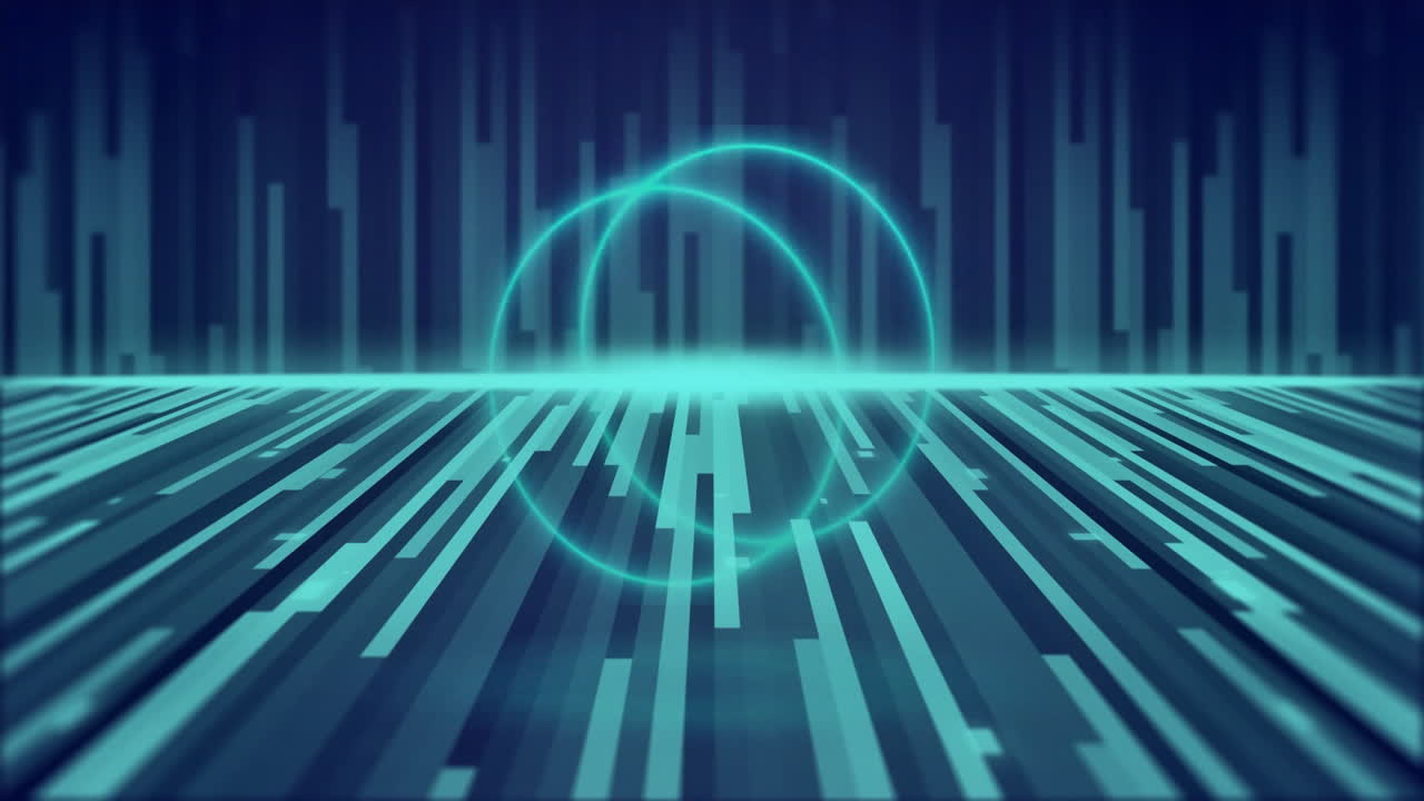 Glowing turquoise semi-circles rising above horizon, with vertical bars pulsing in data field