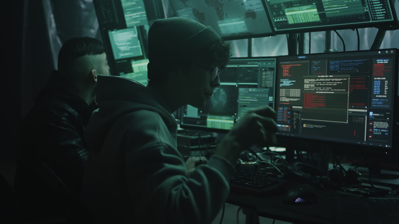 Two people hacking into a computer system