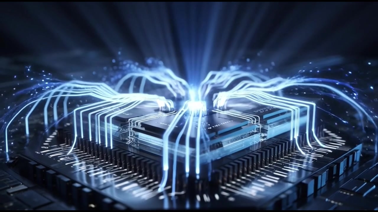 Flusso di dati digitali attraverso un chip processore di computer.