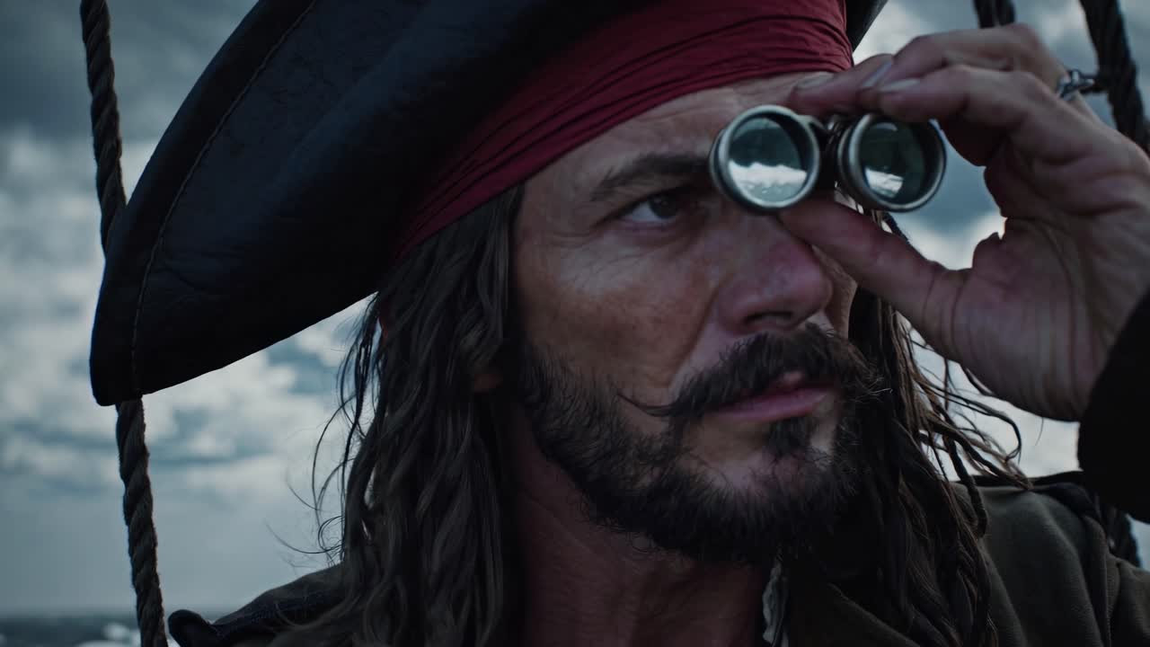 Uma cena de vídeo dramática de um pirata num navio, capturada de baixo ângulo, enfatizando o mar tempestuoso.