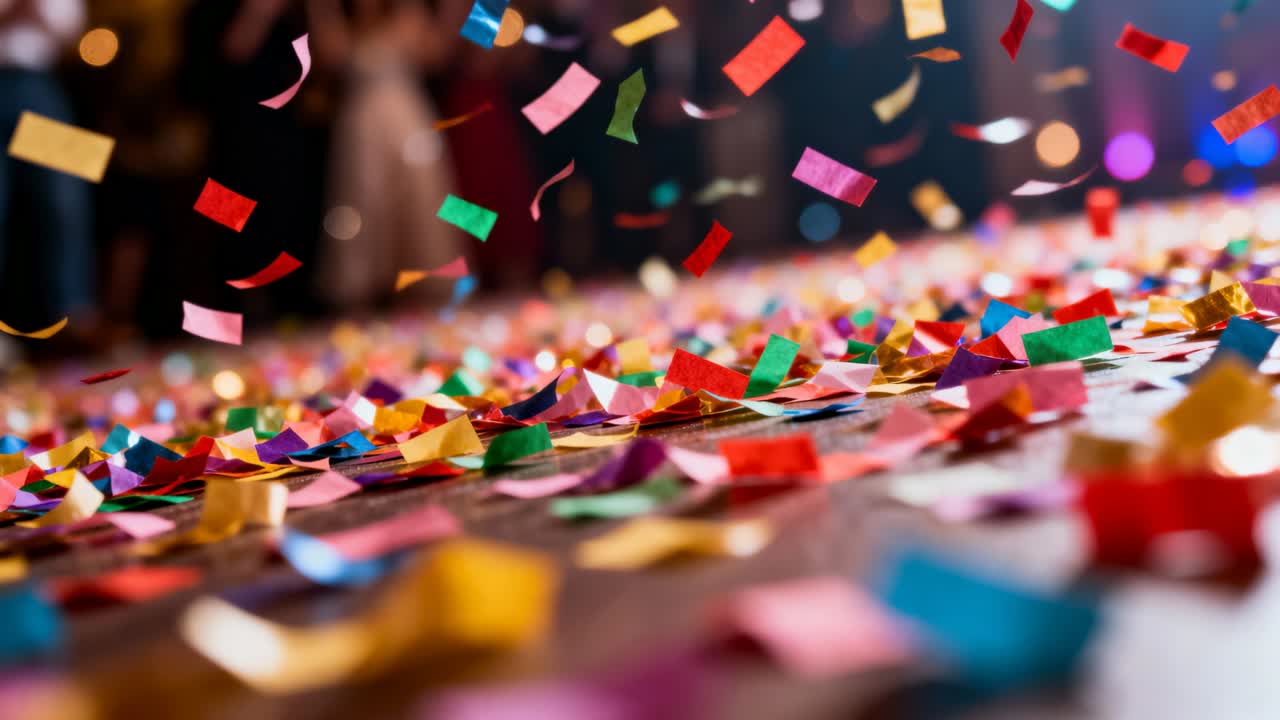 Coriandoli che cadono dopo il lancio della festa, accumulandosi sul pavimento di legno di una sala eventi, con ospiti in abiti che osservano.