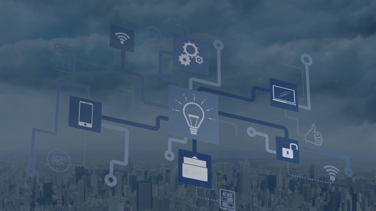 Animation of network of connections with icons over cityscape